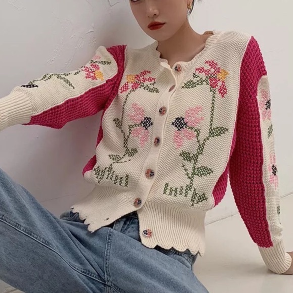 Sweater cardigan crochet knit floral cream pink womens top - Picture 8 of 10